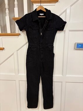 Good American Black Collared Short Sleeve Denim Slim Fit Jumpsuit Women’s 2